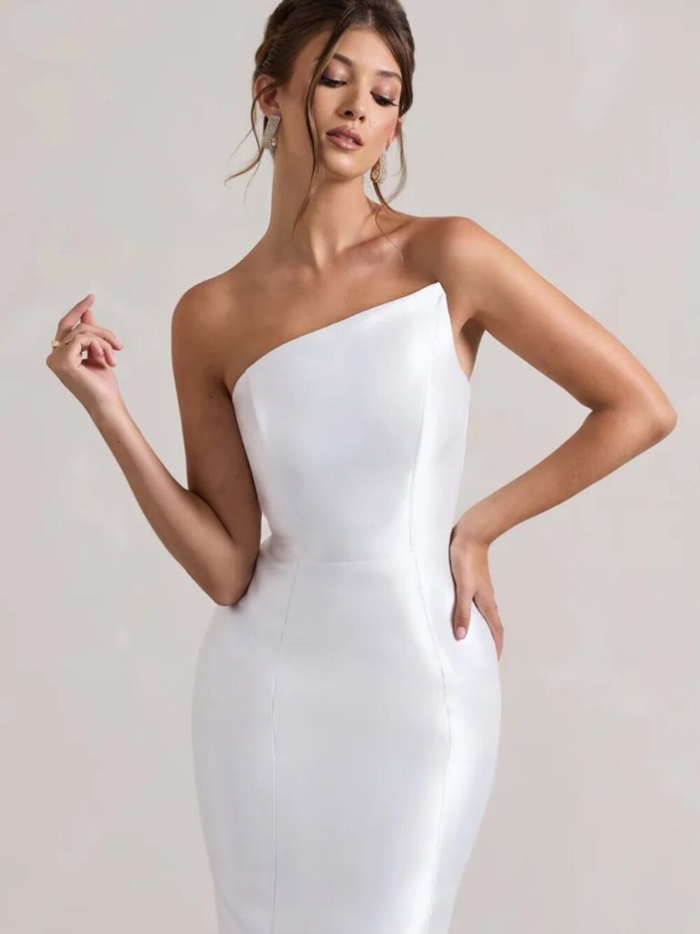 NWT Club L London, Define White Satin Asymmetric Fishtail Maxi Dress Size 8 UK